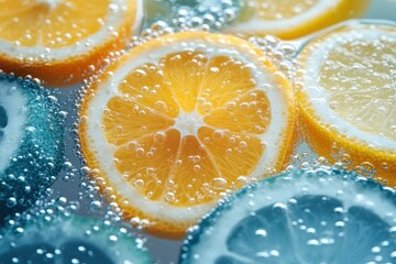 Close-up view of citrus slices in water with bubbles.