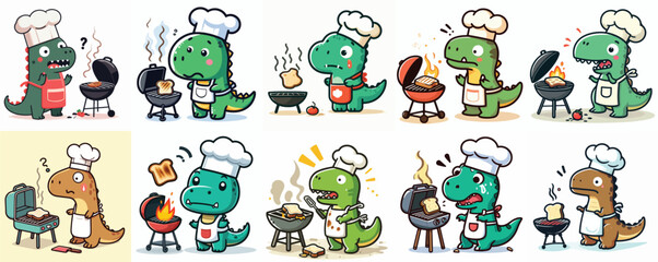 Cute Cartoon Dinosaur Chefs Grilling BBQ Vector Set

