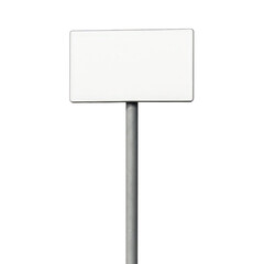 Horizontal blank white sign board with rounded corners, fixed atop a tall gray metal pole, awaiting text or graphics.