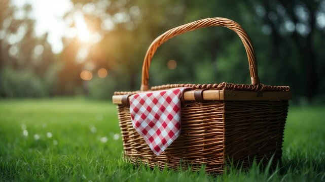 Picnic basket resting on grass amidst nature.