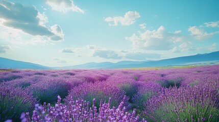 Naklejka premium Panoramic view of a vibrant lavender field under a clear sky.