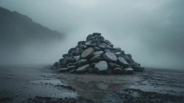 Piled stones on the moist ground surrounded by mist