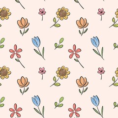 Playful Childlike Flower Pattern with Sketchy Texture. Cute Hand Drawn Doodle Flowers Seamless Pattern for Kids Decoration. Ideal for Scrapbooking, Wallpaper, Wrapping Paper, Fabric, and Print.