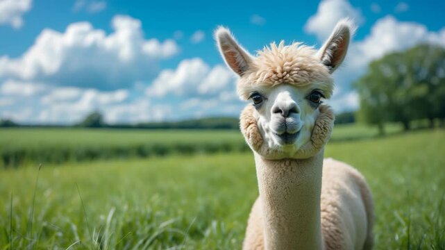 Adorable alpaca in a field staring at the lens.