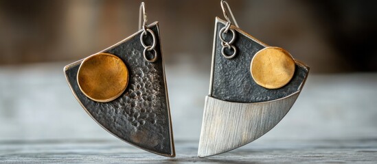 Artisan Crafted Geometric Earrings: Silver, Gold, and Black Metal Fusion