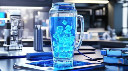 Blue Liquid with Ice in Futuristic Lab