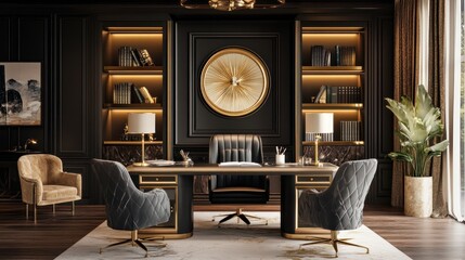 Opulent home office interior with custom bookshelves and executive desk setting