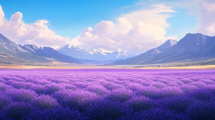 Obraz premium Vast lavender field stretches beneath snowy mountain peaks.