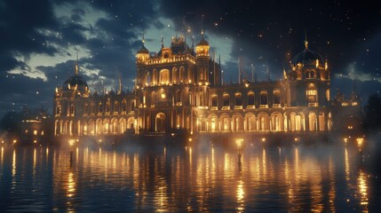 Fototapeta premium Luminous grandeur reflection: Illuminated architectural marvel mirroring across serene waters