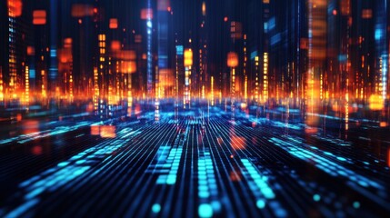 Digital city, glowing data streams