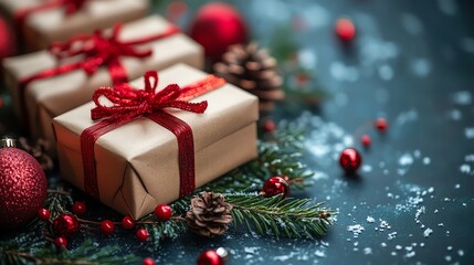 Christmas gifts wrapped in brown paper with red ribbons