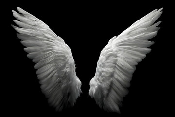 Ethereal wings, a pair of white feathers against a solid black backdrop, spread open
