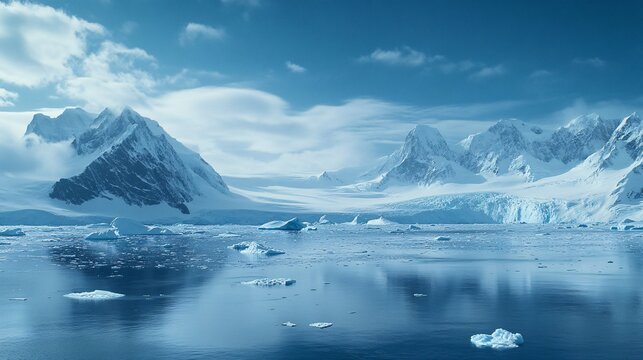 Majestic icy peaks and floating icebergs on a serene antarctic landscape.