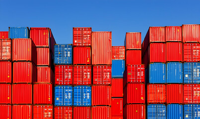 Fototapeta premium Stacked red and blue containers against a clear blue sky, suggesting global trade and logistics