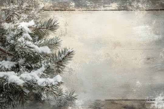 Snow-covered pine branch rests on a rustic wooden background, creating a serene winter scene.