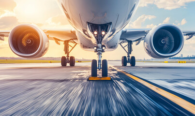 Fototapeta premium Airplane facing forward on runway. Wheels and engine details visible. Sky with clouds