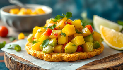 Vibrant Mango Salsa Served on Crispy Tortilla with Fresh Lime Wedges and Cilantro Garnish