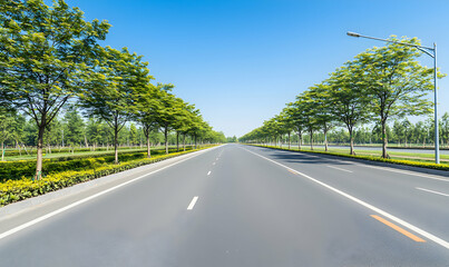 Asphalt road extends, flanked by trees, beneath a clear sky. Minimalist, modern scenery
