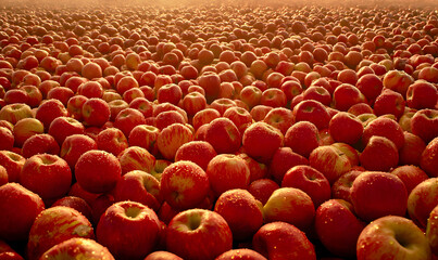 Obraz premium Red apples fill frame, some with water droplets, under warm lighting. Abundance and harvest conveyed