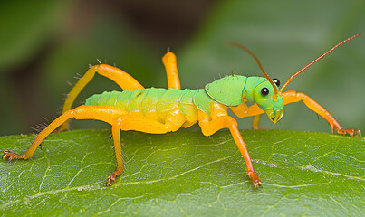 Fototapeta premium Green and yellow grasshopper rests on leaf. Long antennae and detailed features
