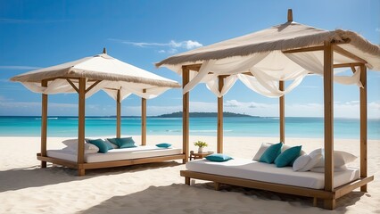 Obraz premium White beach cabanas with sheer white curtains,