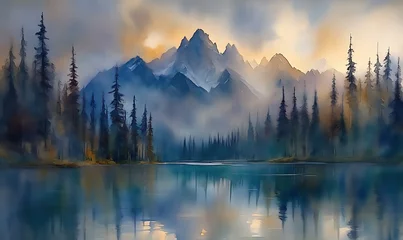 Wandcirkels Mistig bos Lake Reflecting Mountains and Forest in Foggy Landscape  © salminirahayu