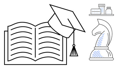 Open book with graduation cap, chess knight, and medical bottles representing knowledge, strategy, and healthcare progress. Ideal for education, learning, achievement, medicine strategy career