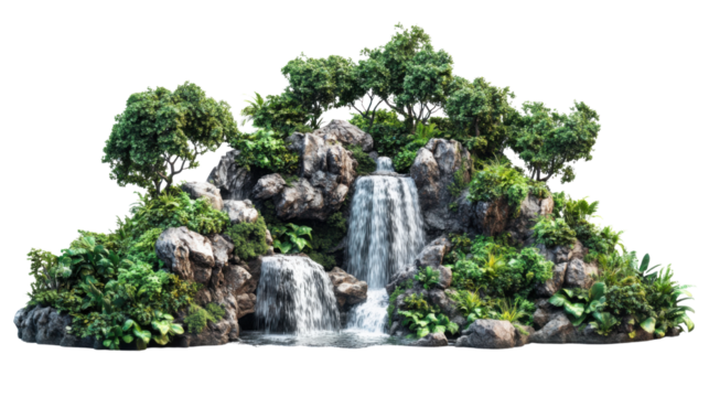 cascading waterfalls in lush green place cut out on white background