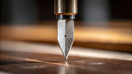 Fountain pen nib close up on wooden surface in workshop highlighting fine woodwork craftsmanship and detailed writing tools precision