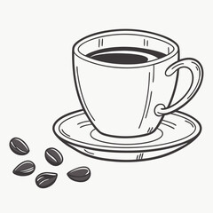 Elegant Cup Of Coffee With Beans Sketch On A White Background