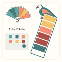 Artistic Color Palette With Fan,Bird And Color Swatch Design