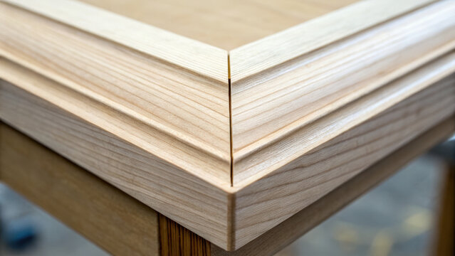 Woodwork corner joint in workshop crafted with precision and smooth finish highlighting natural wood grain and expert craftsmanship