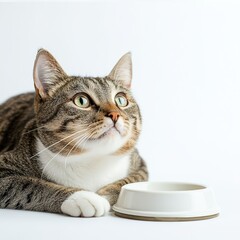 Playful cat awaiting meal in cozy home environment captured in close-up perspective