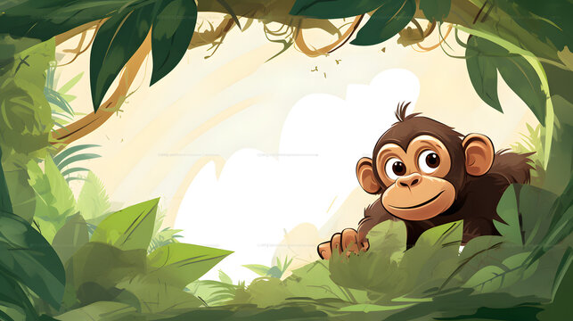 Detailed illustration of a wild monkey in a natural border design for digital and print use