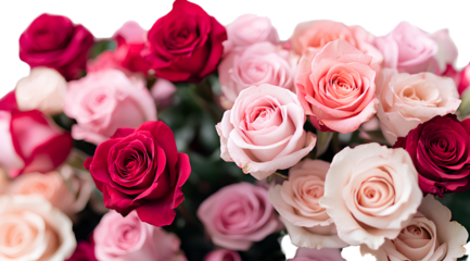 Pink and fuchsia roses bouquet on a transparent background, PNG clipart with white space for text, cutout isolated on a white background