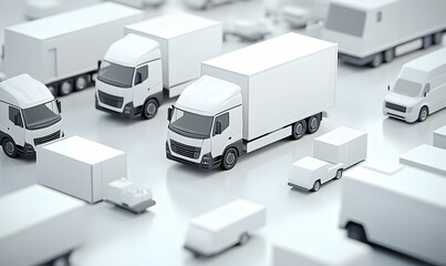 Minimalist view of transportation fleet of trucks, vans, and cars, all in white, on a white surface