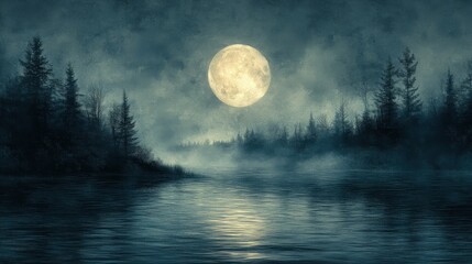 Serene moonlight reflection over misty lake surrounded by dark forest
