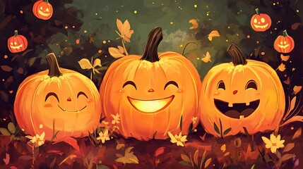 Whimsical Halloween Pumpkins with Glowing Smiles and Floating Jack-o'-Lanterns