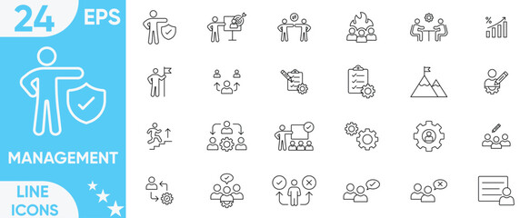 Management icons set.teamwork, strategy, marketing, business, Businessman, Career, Human Resources, Businessman, planning, cooperation, Mission, training, employee and more.Vector and illustrator set.