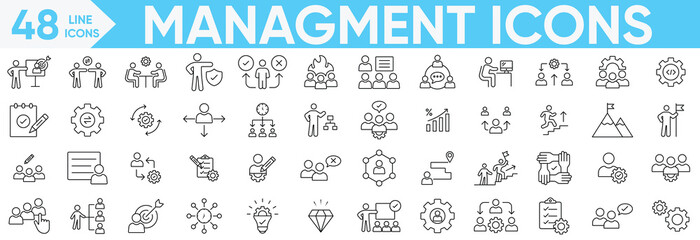 Management icons set.teamwork, strategy, marketing, business, Businessman, Career, Human Resources, Businessman, planning, cooperation, Mission, training, employee and more.Vector and illustrator set.