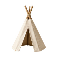 A simple play teepee crafted from light natural fabric and wooden poles, ideal for cozy indoor adventures.