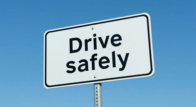 A white sign with the words drive safely on it against a clear blue sky on a metal pole outdoors