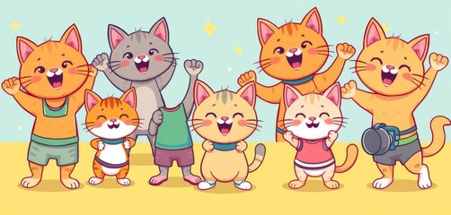 Naklejka premium Adorable cartoon cats engaging in various fitness activities form a cheerful, repeating pattern, adorable, feline