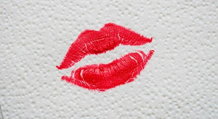 Fototapeta premium A red lipstick kiss imprint on a white textured surface with visible details and bright lighting