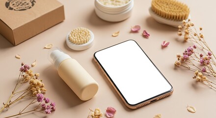 Flat lay of a natural skincare product in minimalist packaging next to a smartphone with blank screen, dried flowers, and eco-friendly wrapping