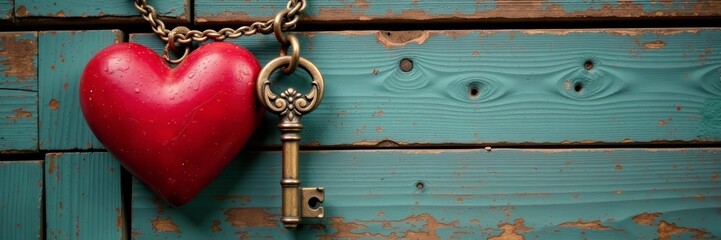 Red heart and vintage key hanging on weathered wooden surface with rustic charm, vintage, charm, key