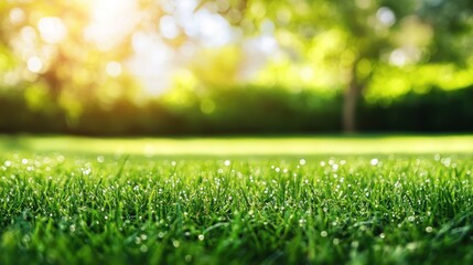 Lush green grass with dew drops, sunlit background