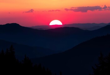 Retro sunset over silhouetted mountains and trees; ample copy space, graphic design, nature
