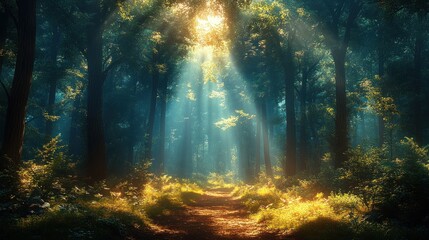 Obraz premium Sunbeams Illuminating a Mystical Forest Path