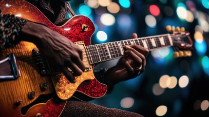 Obraz premium Close-up of a musician's hands playing a sunburst hollow-body electric guitar on a dark stage with bokeh lights